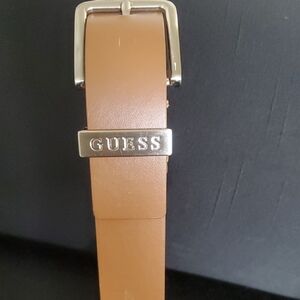 New GUESS Tan Men's Leather Belt Gold Logo Accent size 38